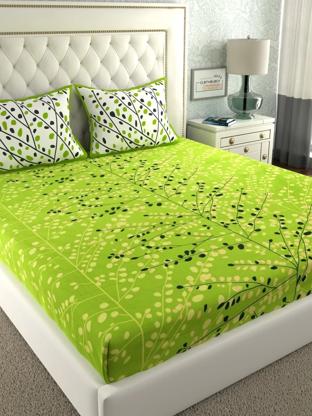 CLOTHOLOGY Spring Green Leafy Trail Verdant Canopy Cotton Double Flat 104 TC Jaipuri Prints Bedsheet Set