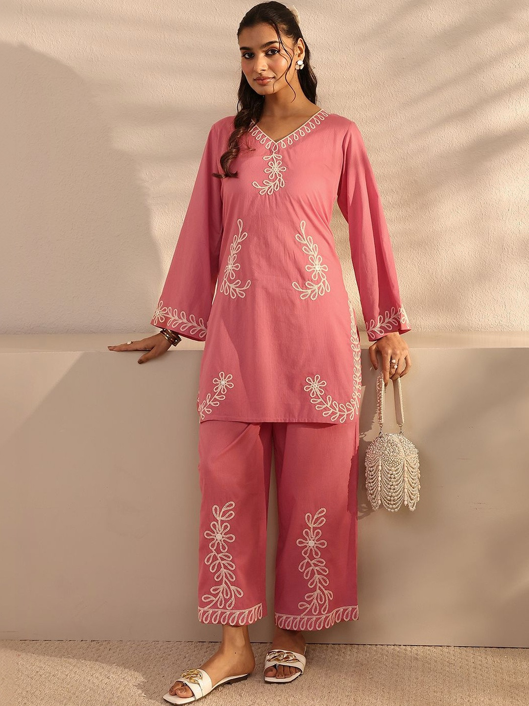 Libas Pink Embroidered Cotton Co-Ord Set