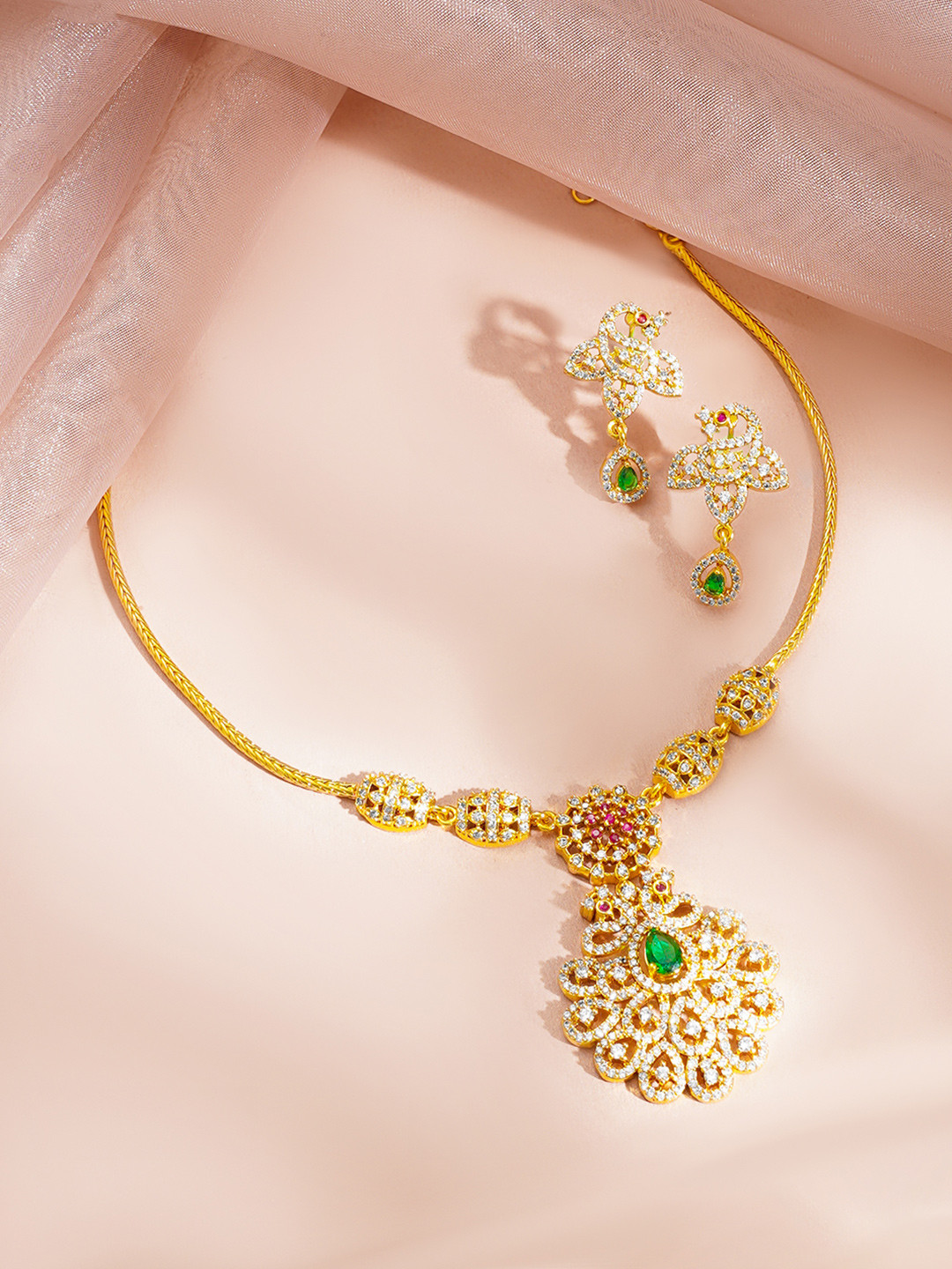 Rubans Women 18K Gold Plated Cubic Zirconia Studded Floral Pendant Necklace