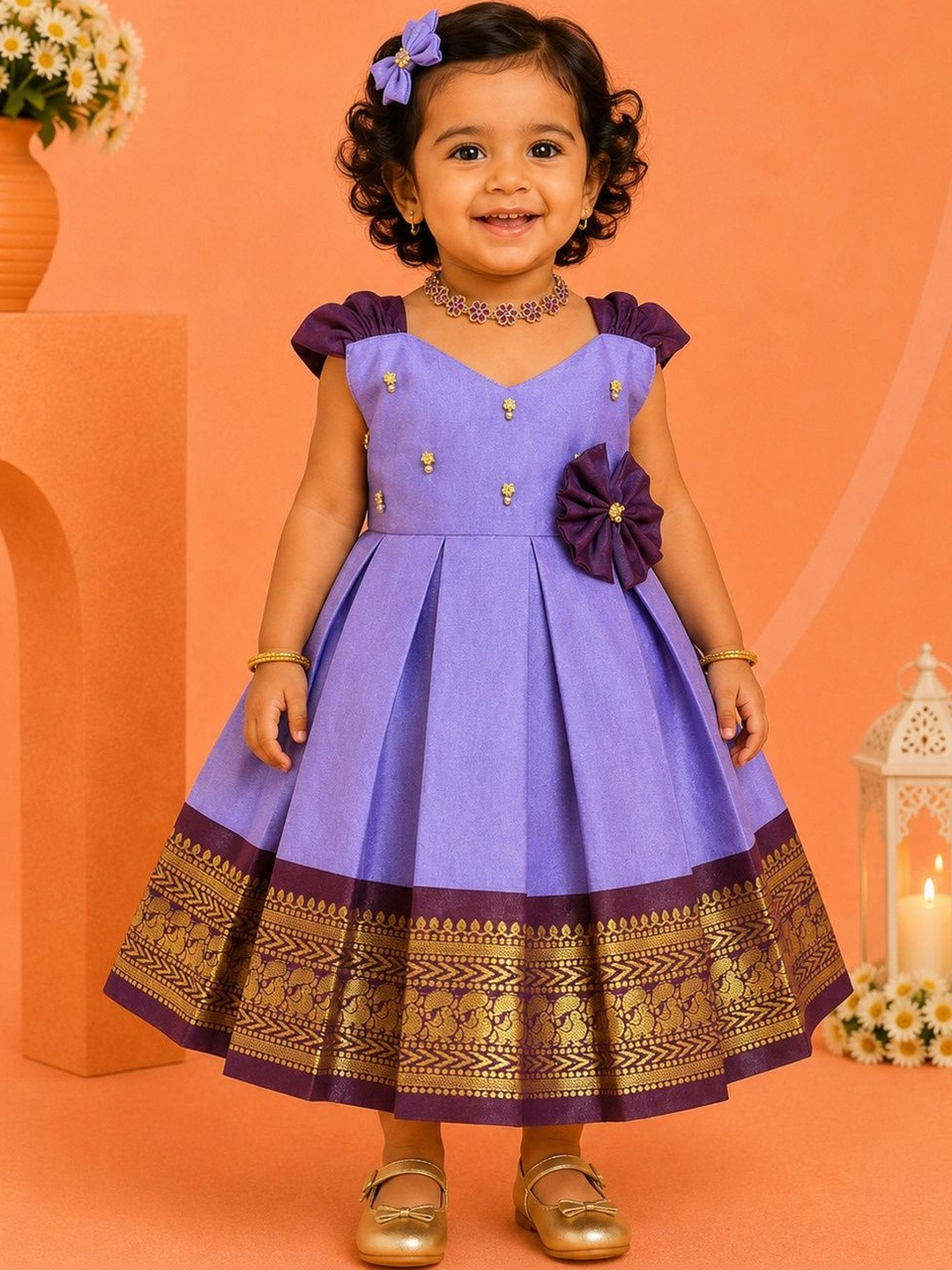 Babypattu Girls Embroidered V-Neck Fit & Flare Dress