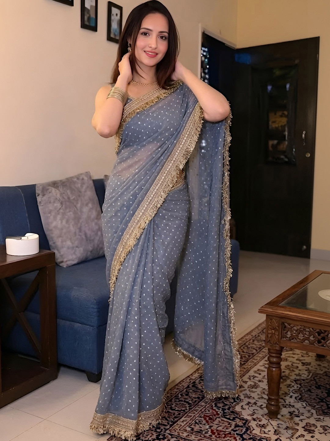 VRAGI Embellished Zari Silk Blend Heavy Work Saree