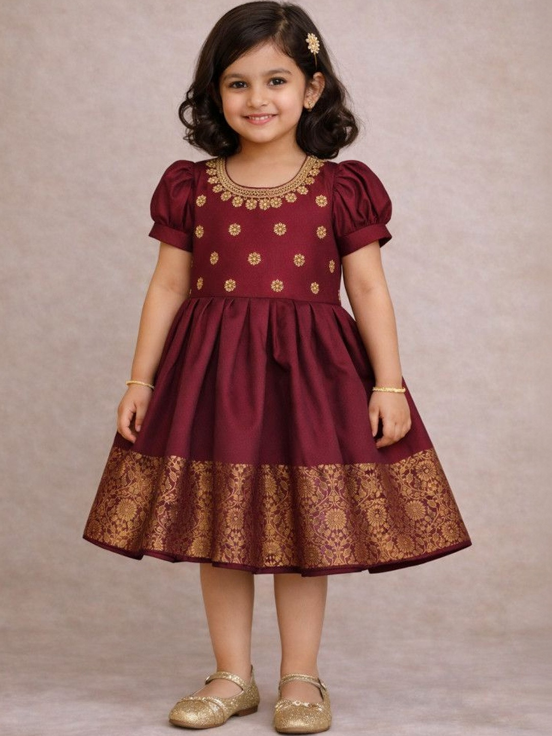 Ethzy Girls Embroidered Sequined Puff Sleeves Fit and Flare Ethnic Dress