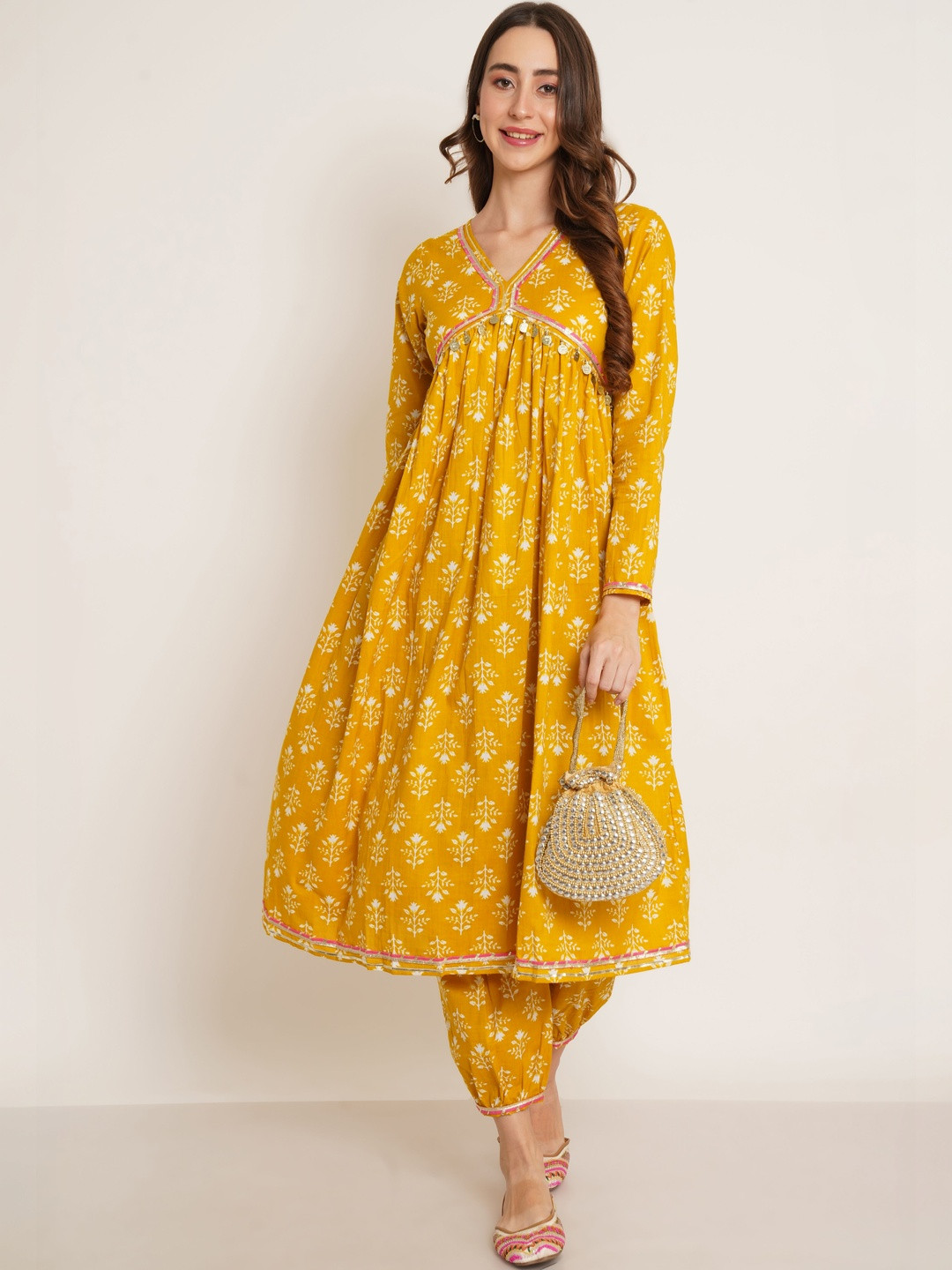Sangria Women Ethnic Motifs Printed Empire Pure Cotton Kurta with Dhoti Pants