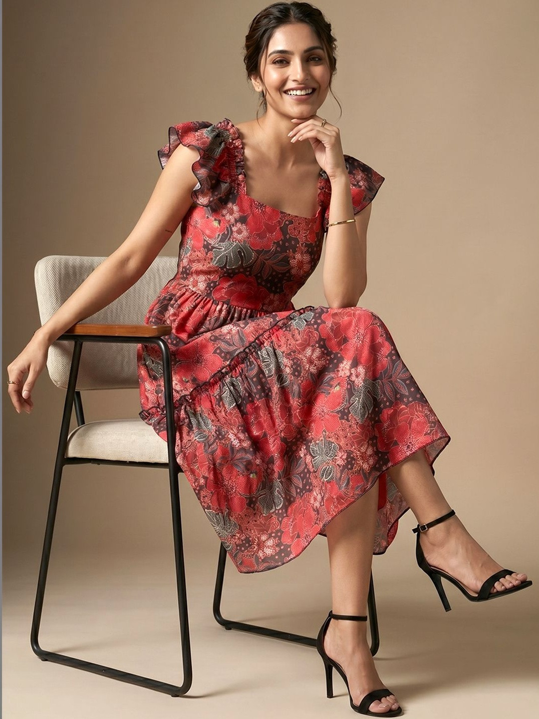 ADDYVERO Floral Print Flutter Sleeve A-Line Midi Dress