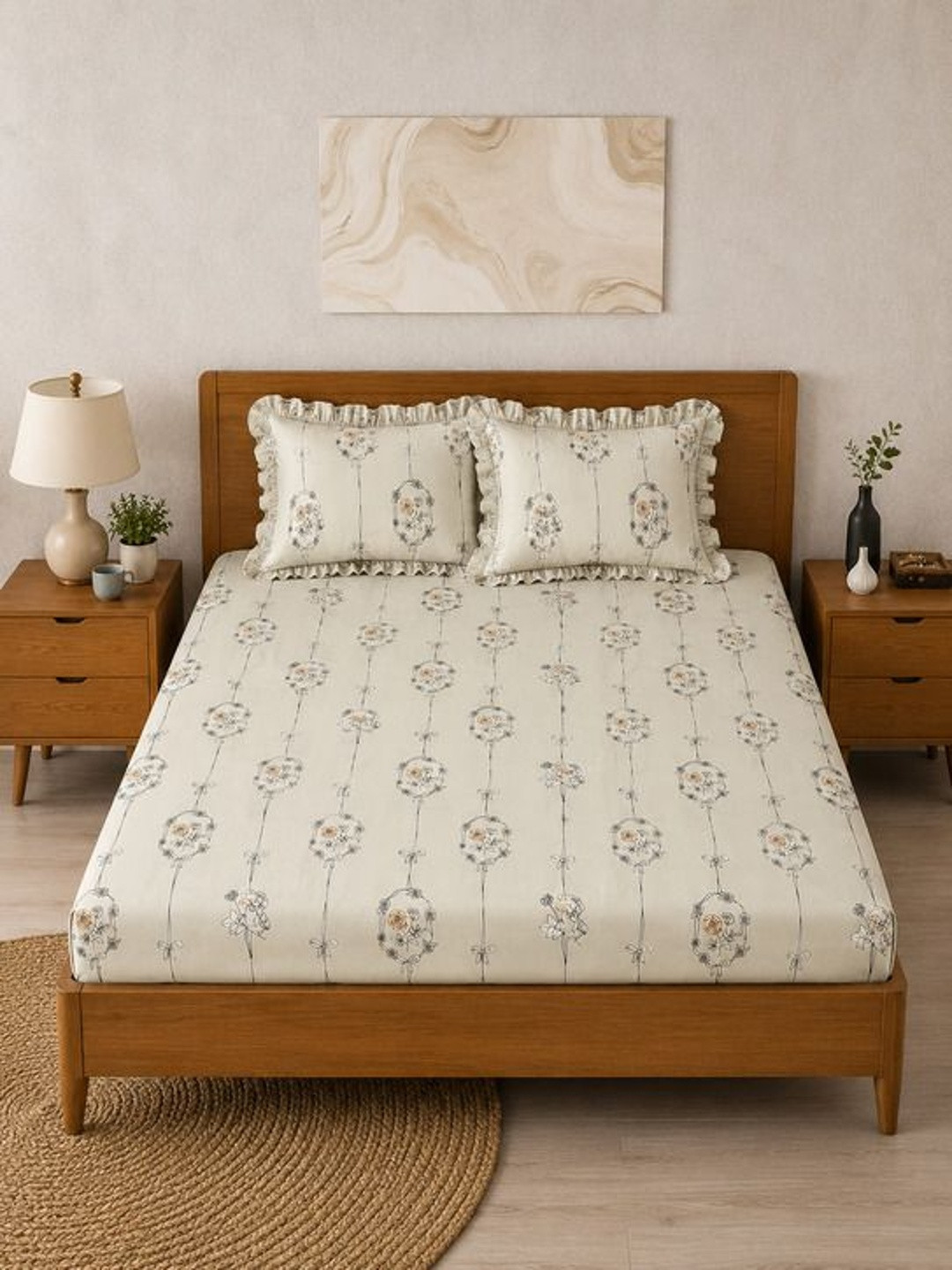 Aura Cream-Coloured Floral 300 Tc Frilled Fitted King Bedsheet With 2 Pillow Covers