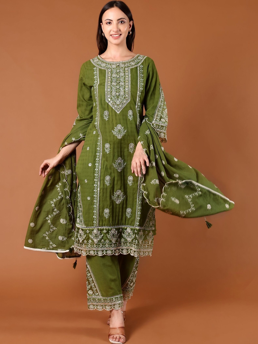 AMRAANA Women Ethnic Motifs Embroidered Regular Thread Work Pure Cotton Kurta with Trousers & With Dupatta
