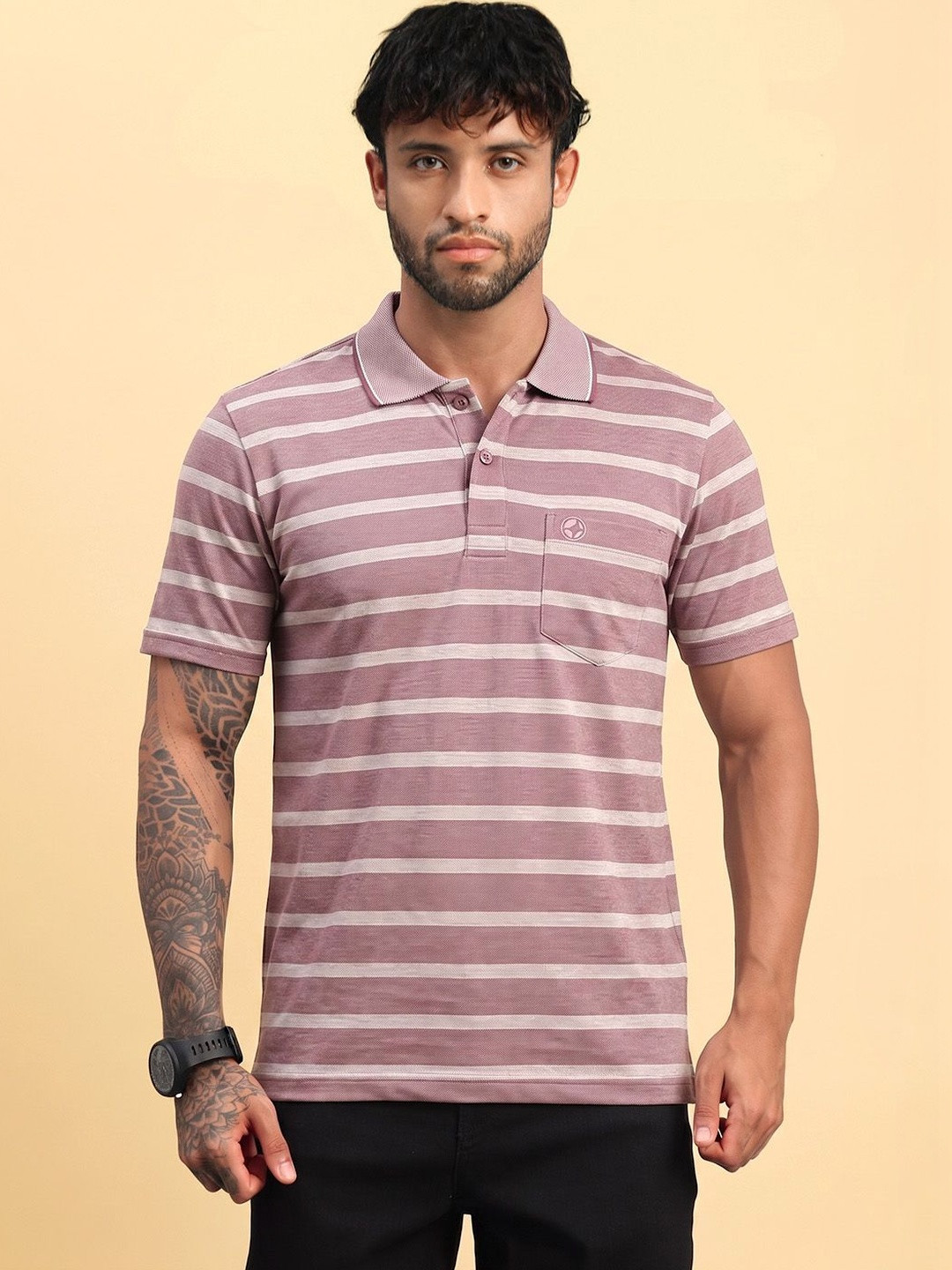 LUX NITRO Men Striped Polo Collar Anti Odour Pockets T-shirt