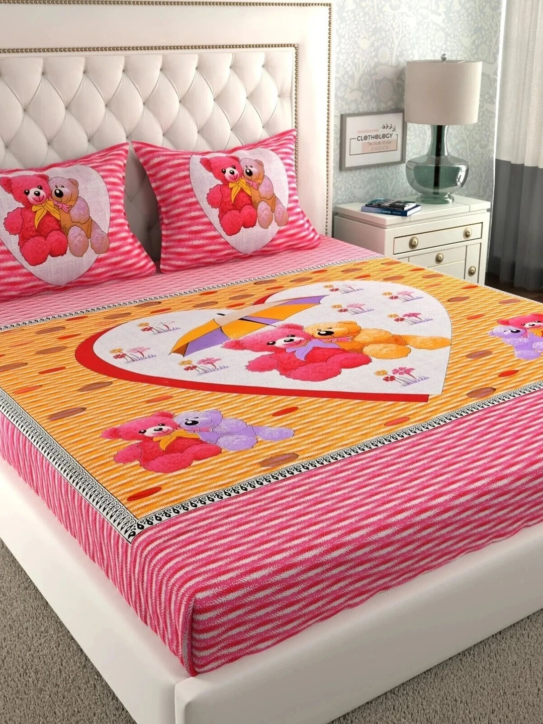 CLOTHOLOGY Blossom Pink Teddy Motif Storybook Traditions Cotton Double Flat 104 TC Jaipuri Prints Bedsheet Set