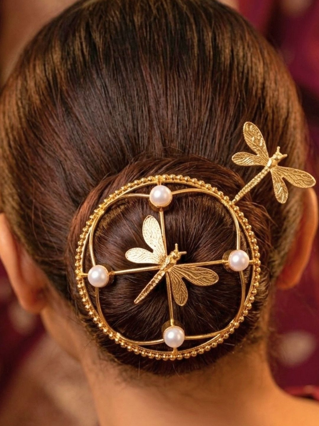 VIVAZS Gold-Plated Dragonfly Hair Bun Cage With Hair Pin