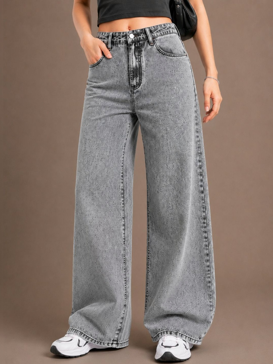 glitchez Women Comfort Wide Leg High-Rise Light Fade Acid Wash Stretchable Jeans
