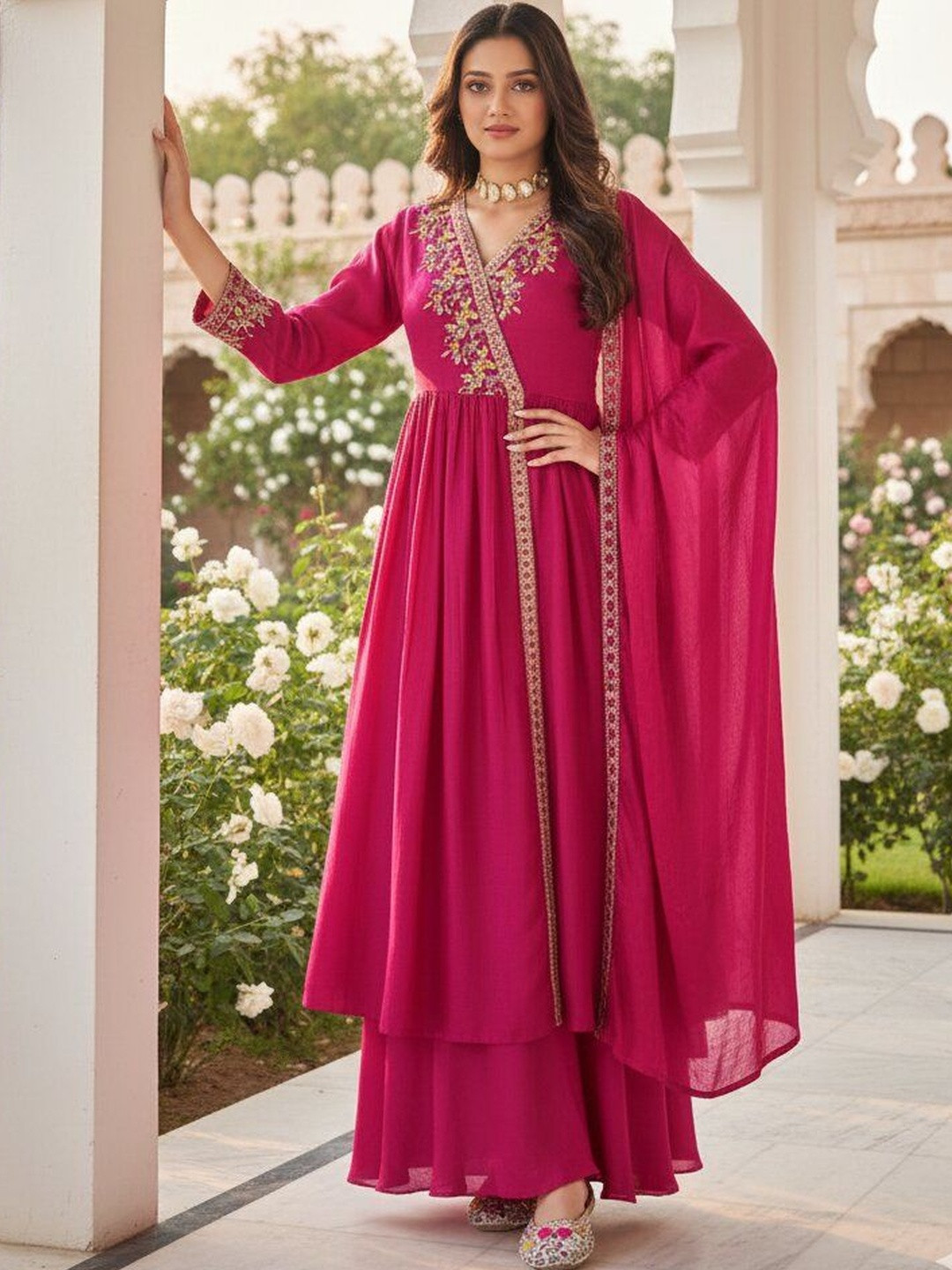 KALINI Women Ethnic Motifs Embroidered Angrakha Thread Work Silk Chiffon Kurta with Palazzos & With Dupatta