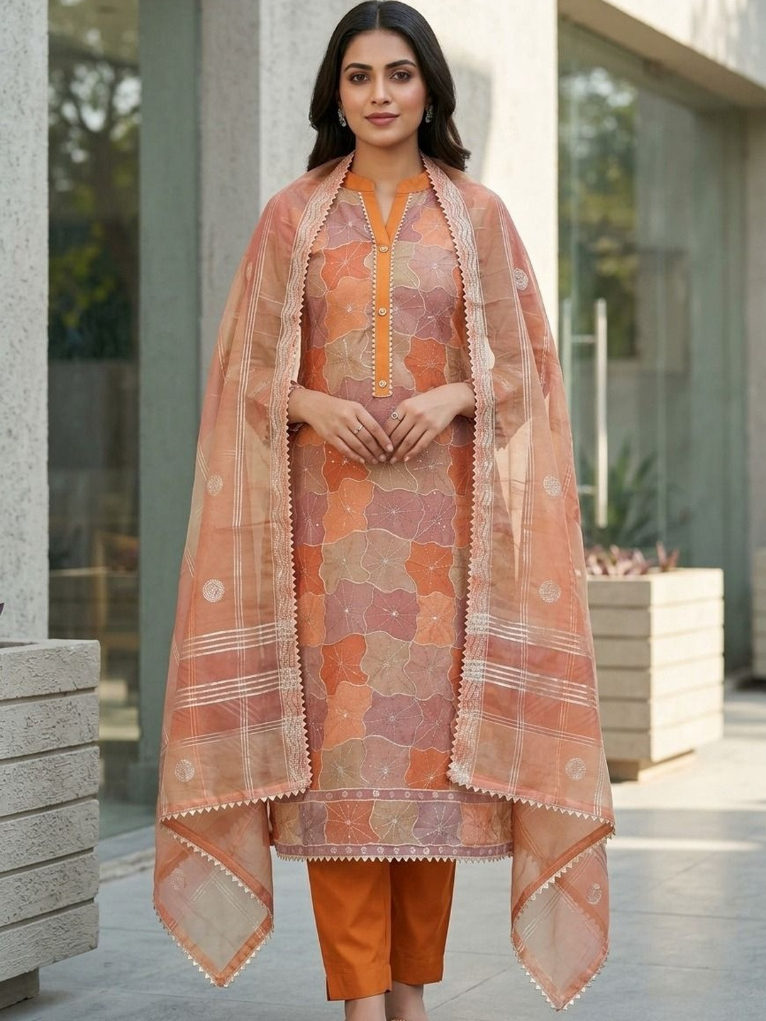 HMP Fashion Printed Organza Unstitched Dress Material