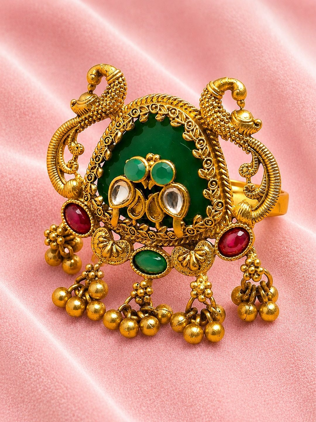OOMPH Gold-Toned Rajwadi Peacock Design Ghungroo Kashmiri Ring