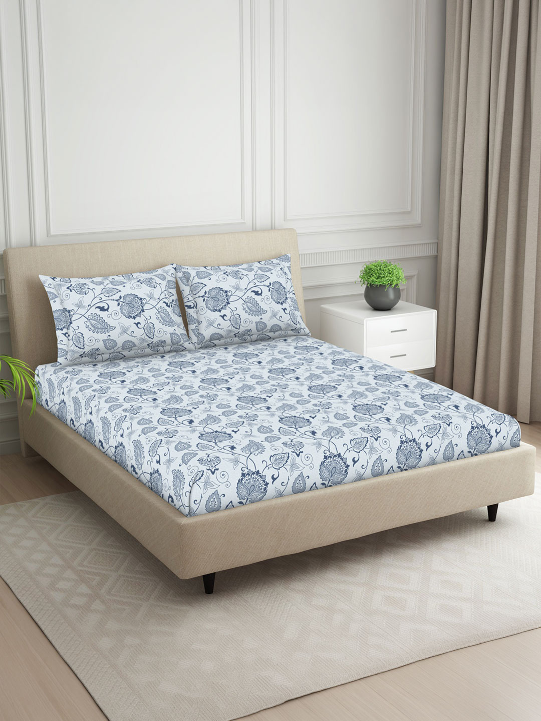 Welspun Harmony Blue & Beige Ethnic Motifs 120TC Queen Bedsheet Set 88 x 100 Inches
