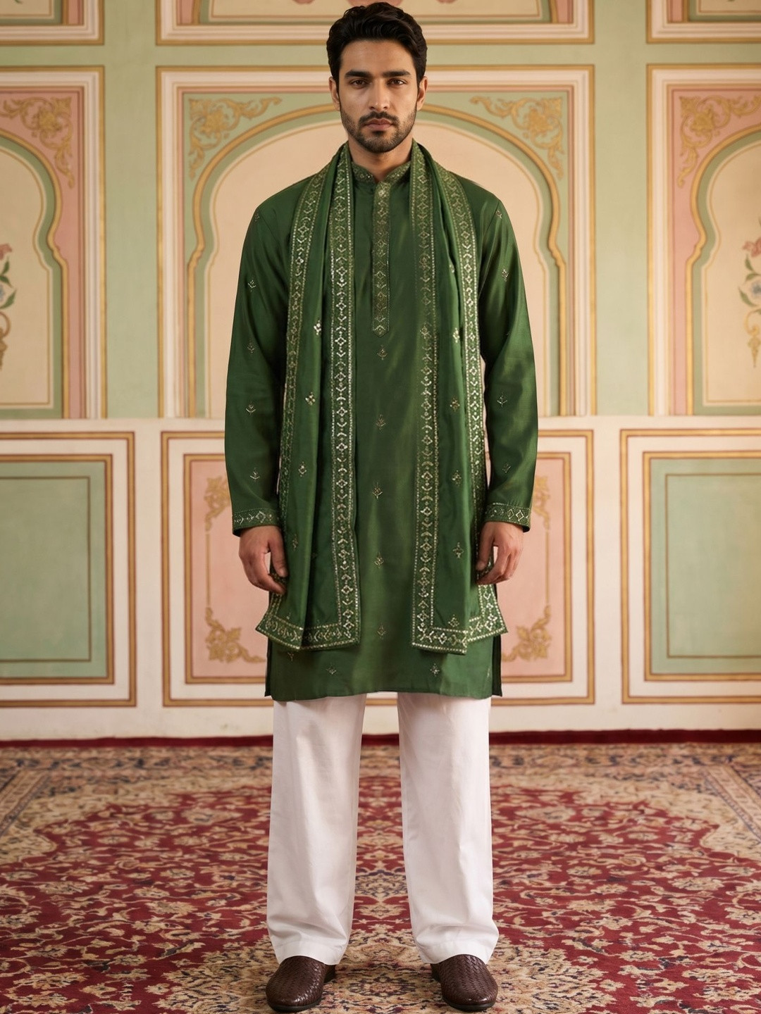 Jompers Ethnic Motifs Embroidered Sequinned Kurta With Korean Pants & With Dupatta