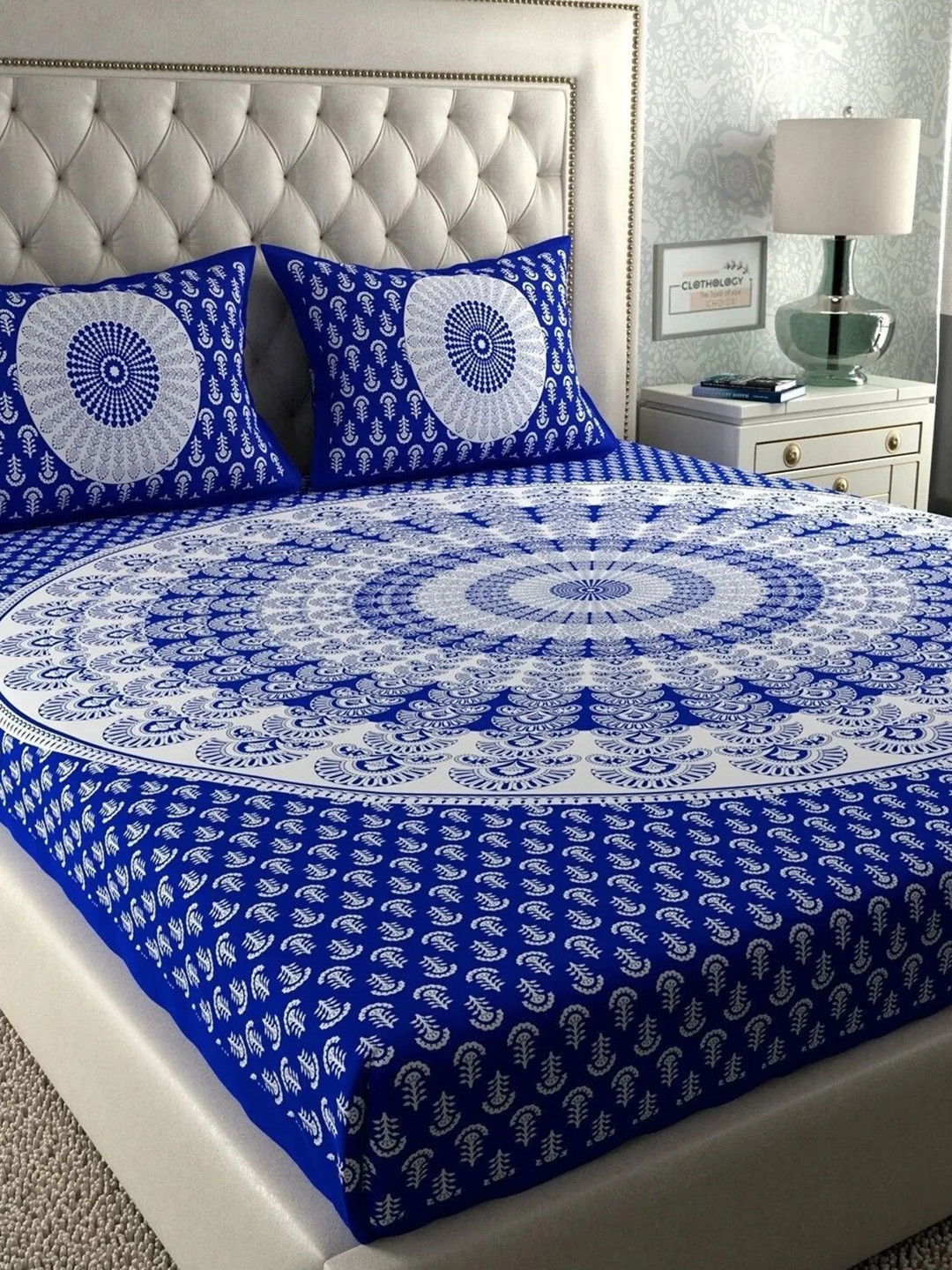 CLOTHOLOGY Royal Blue Mandala Medallion The Ananya Heritage Collection Cotton Double Flat 104 TC Jaipuri Prints Bedsheet Set