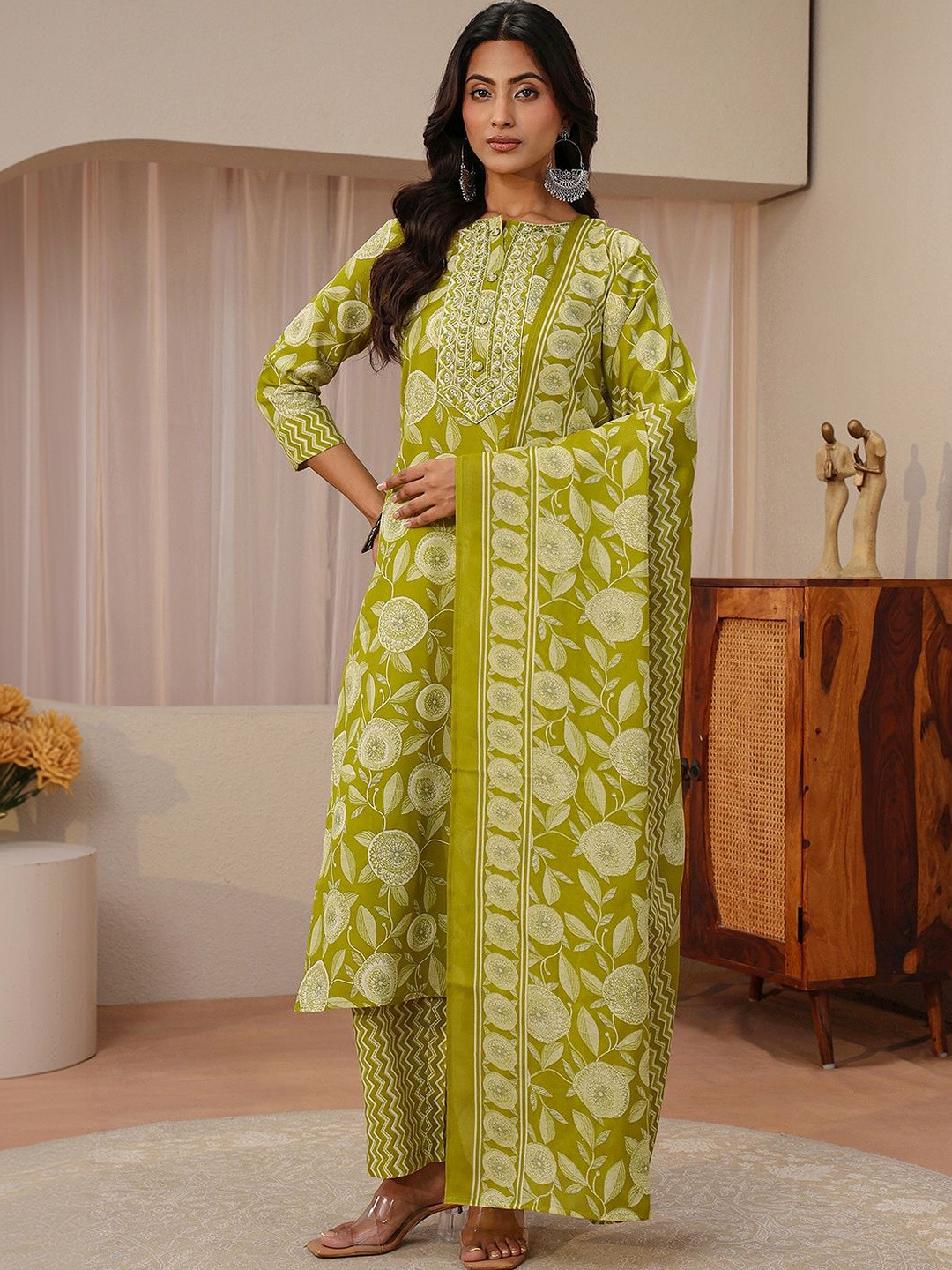 Libas Green Floral Printed Straight Suit Set