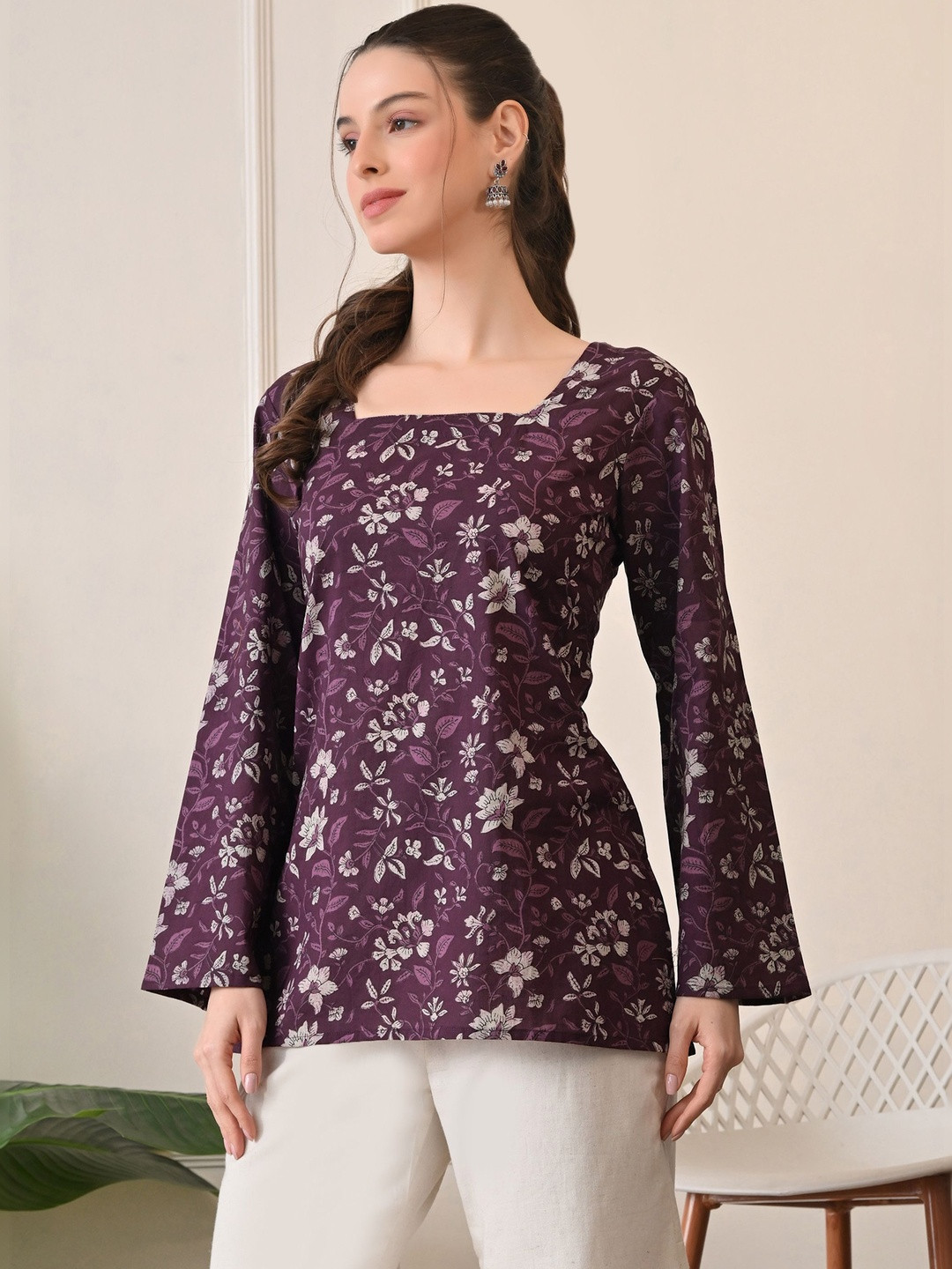 SANGAKURTI Women Floral Printed Square Neck Flared Sleeve Top