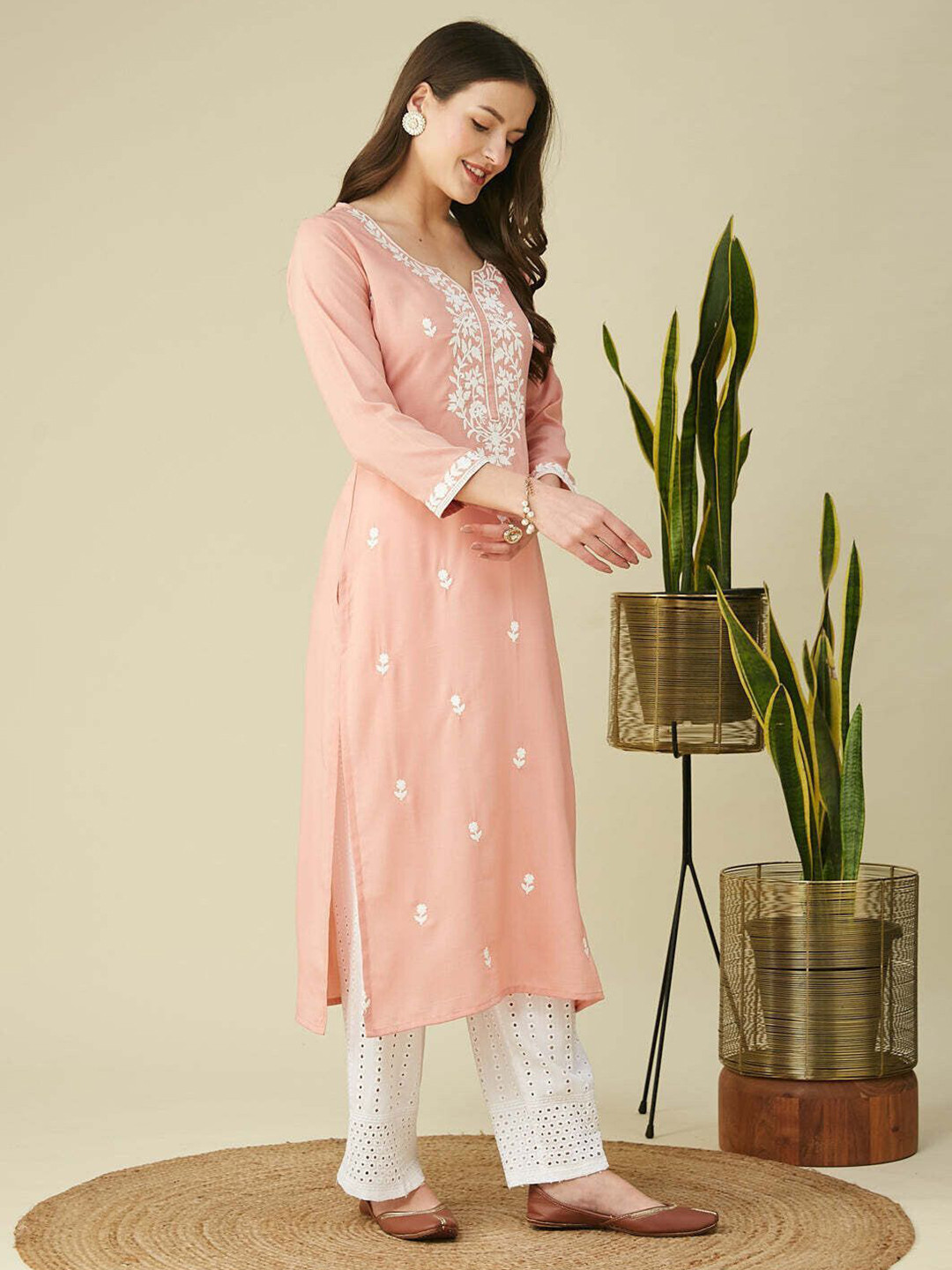FORKEY Women Ethnic Motifs Embroidered Chikankari Kurta