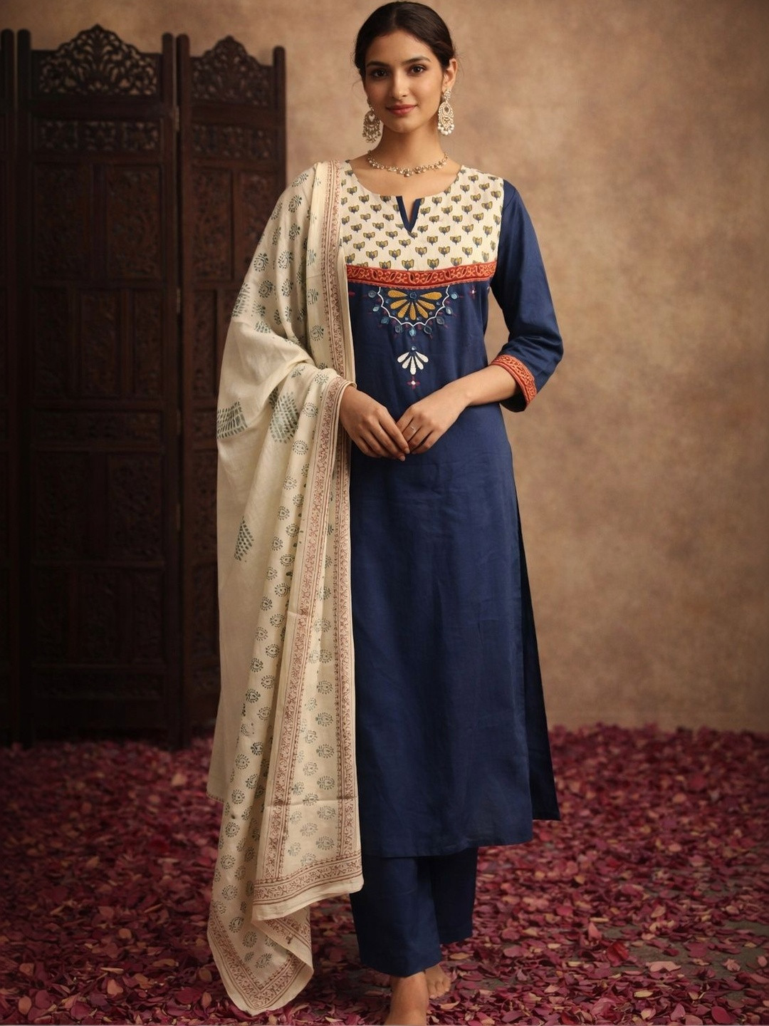 Aarika Women Ethnic Motifs Printed Regular Pure Cotton Kurta with Trousers & With Dupatta