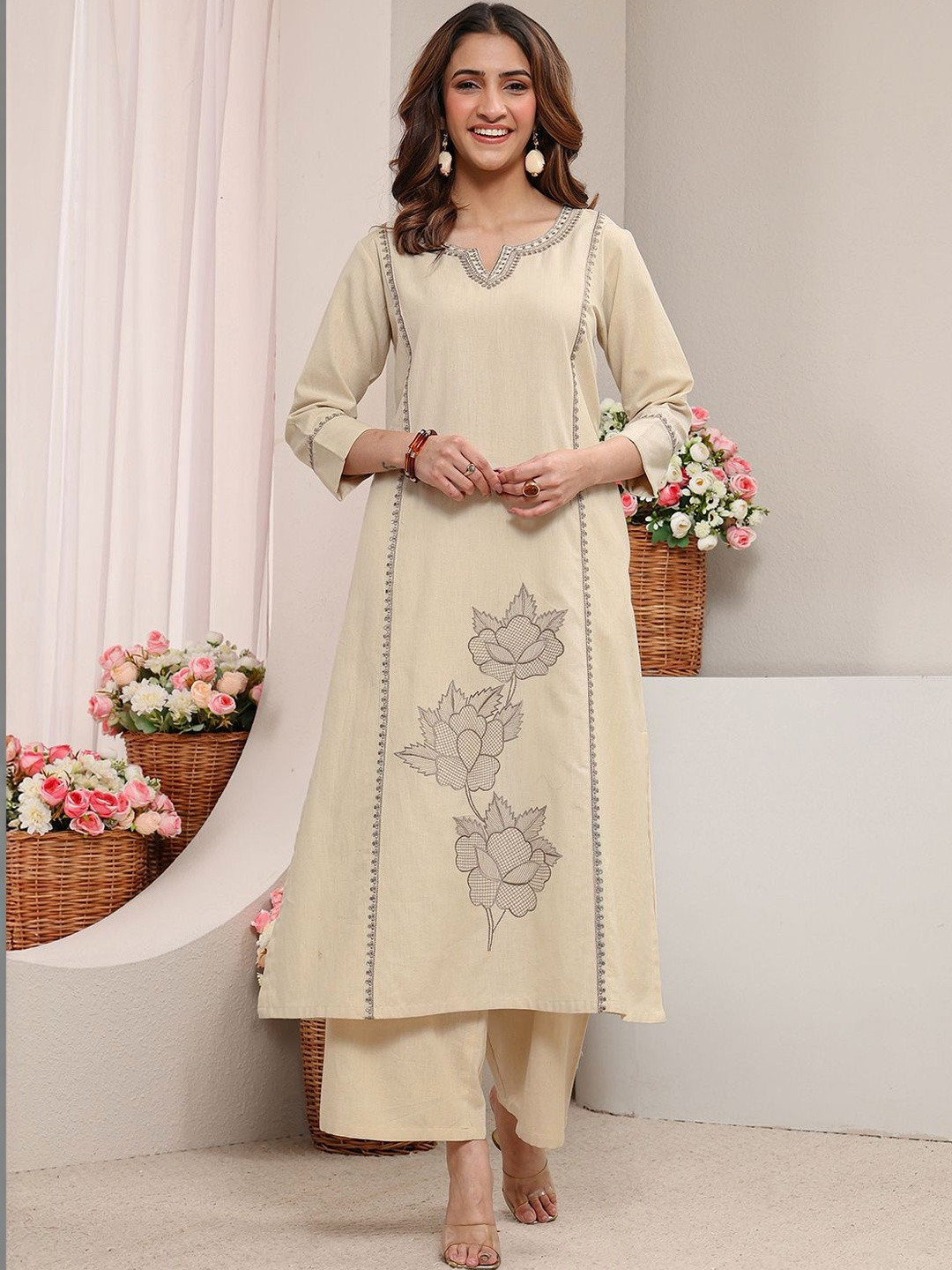 Libas Off White Floral Embroidered Cotton Straight Kurta Set