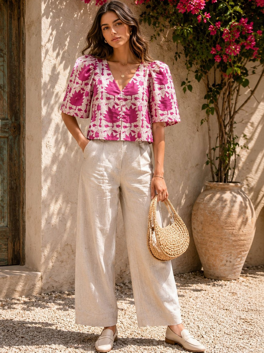 MUKA Floral Print Puff Sleeve Cotton Crop Top