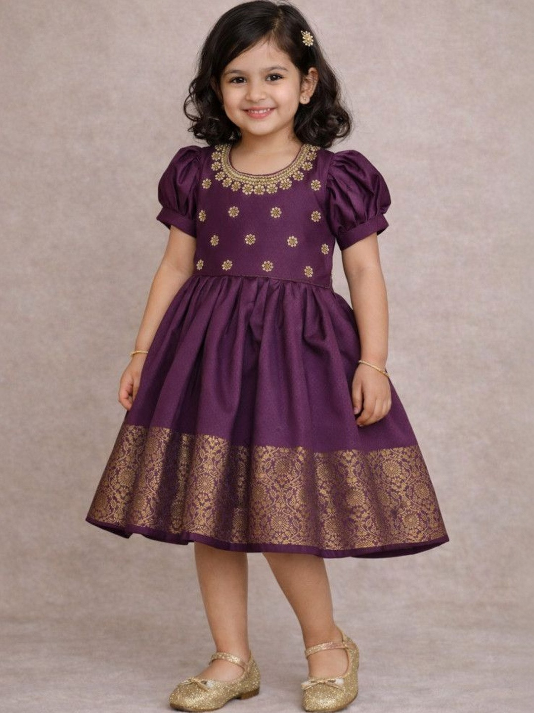 Ethzy Girls Ethnic Motifs Embroidered Puff Sleeve Jacquard Fit & Flare Ethnic Dresses