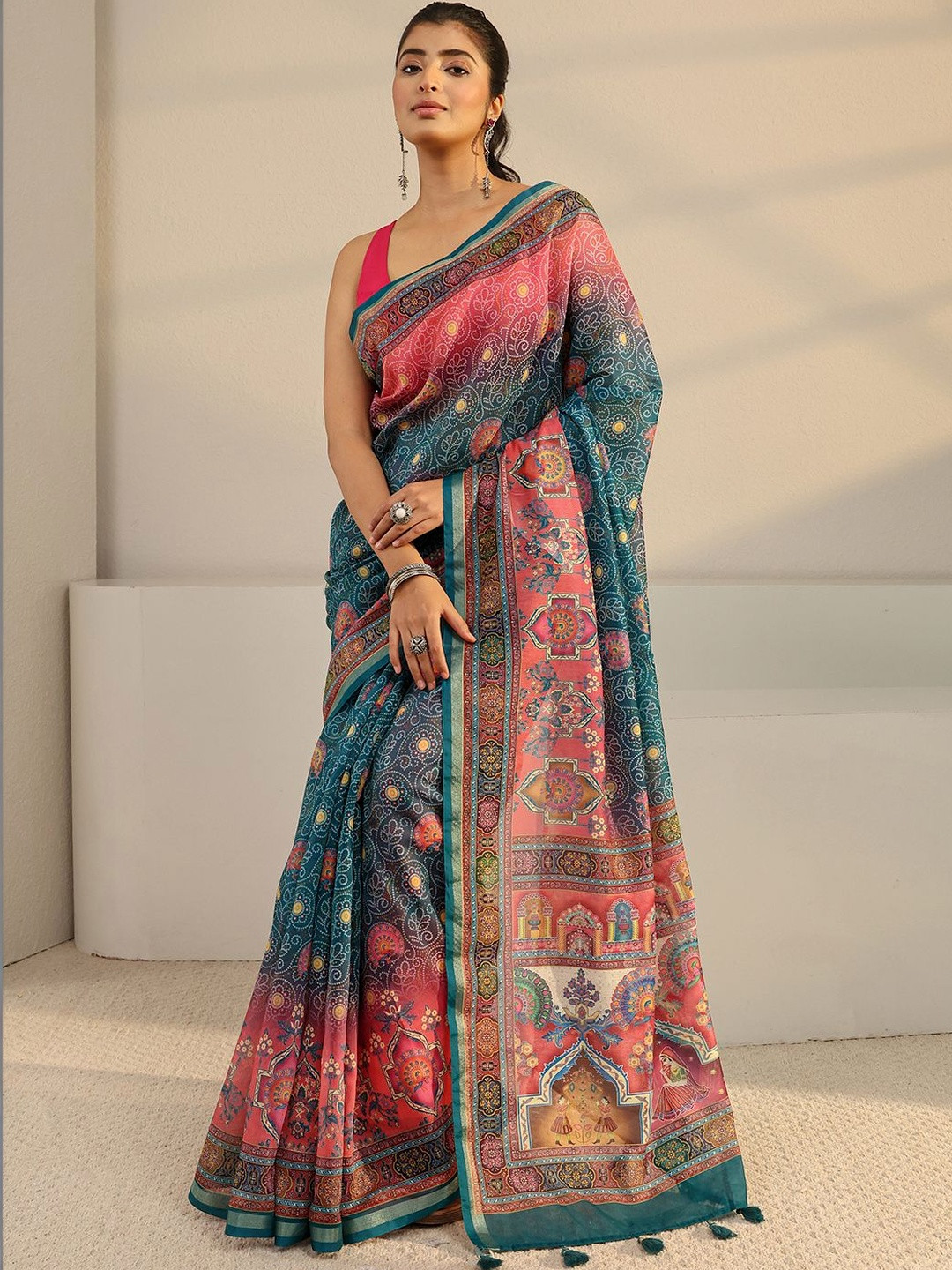 Libas Green Bandhani Printed Tassel Saree with Unstitched Blouse Piece