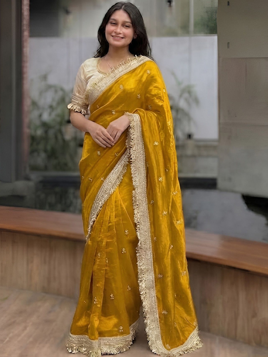VRAGI Embellished Zari Satin Heavy Work Saree