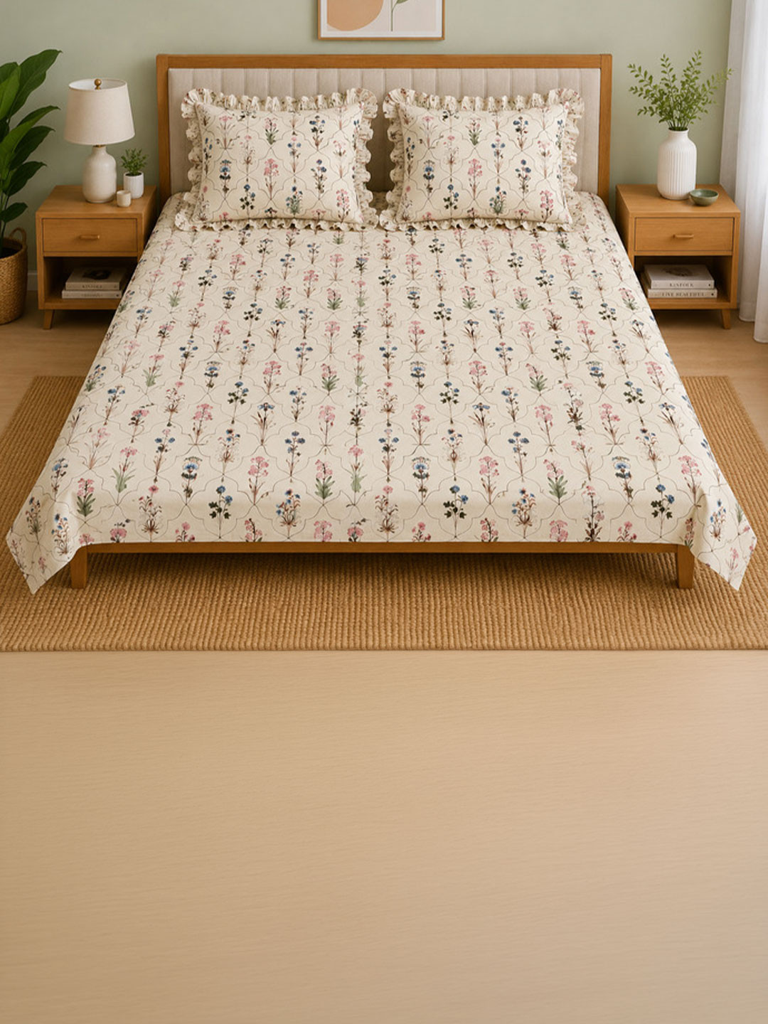 Myntra Elegant Homes Cream-Coloured Floral 300 TC King Frill Bedsheet with 2 Pillow Covers