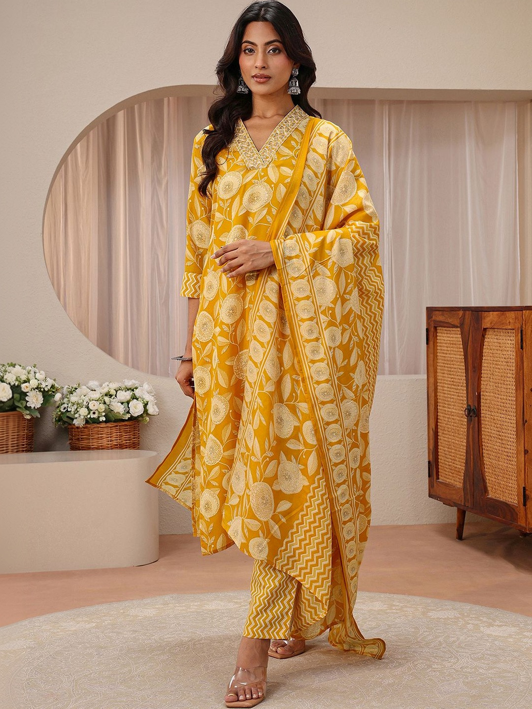 Libas Mustard Floral Printed Straight Suit Set