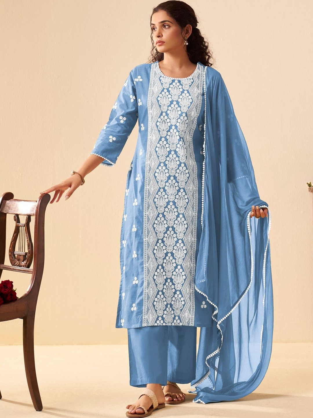 Anouk Women Ethnic Motifs Embroidered Regular Chikankari Pure Cotton Kurta with Trousers & With Dupatta