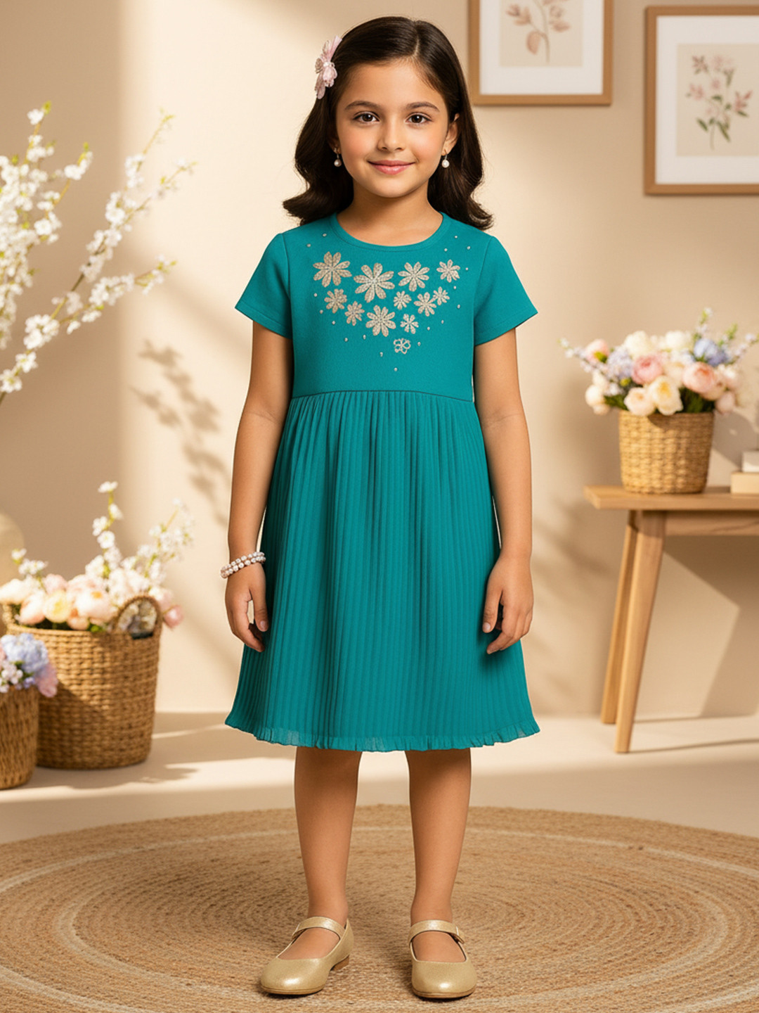 Miyo Girls Teal Embroidered A-Line Dress