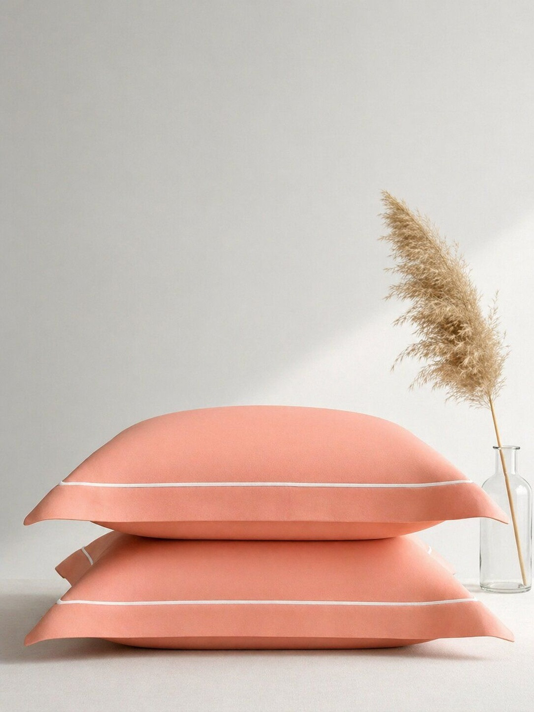 Mulberry Living Peach-Coloured & White 2 Pieces Solid Pure Cotton Rectangle Pillow Covers