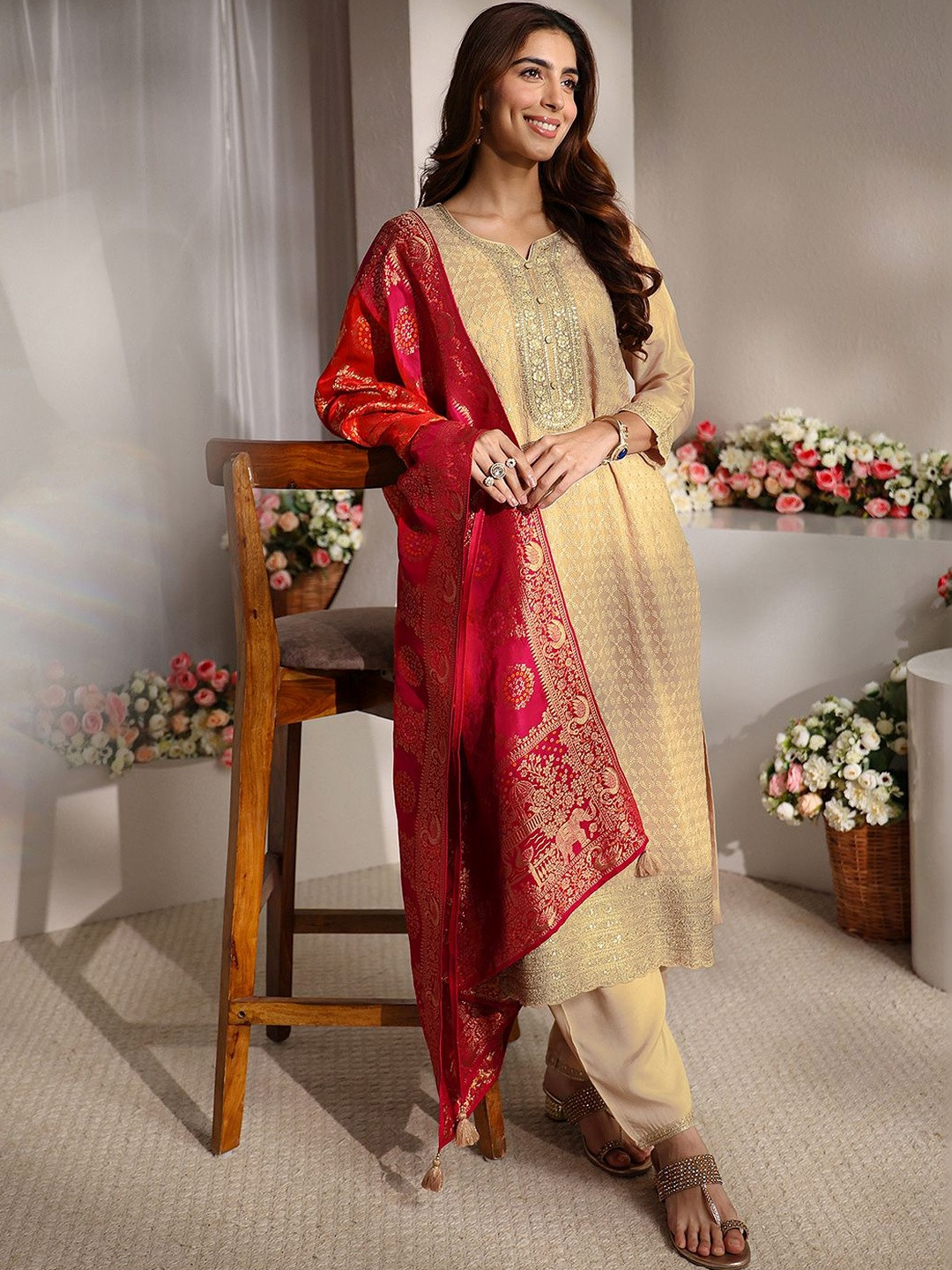 Libas Beige Embellished Straight Suit Set with Dupatta