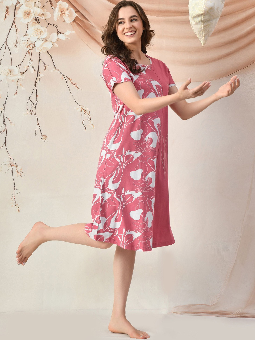Lenissa Women Pink & White Abstract Printed Cotton Night Dress