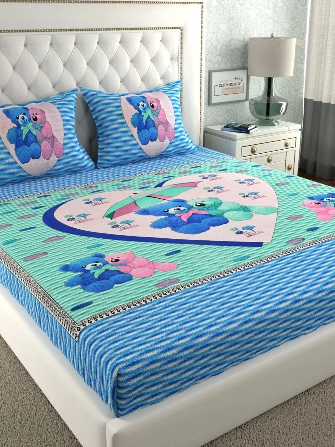 CLOTHOLOGY Serene Teal Teddy Motif Storybook Traditions Cotton Double Flat 104 TC Jaipuri Prints Bedsheet Set