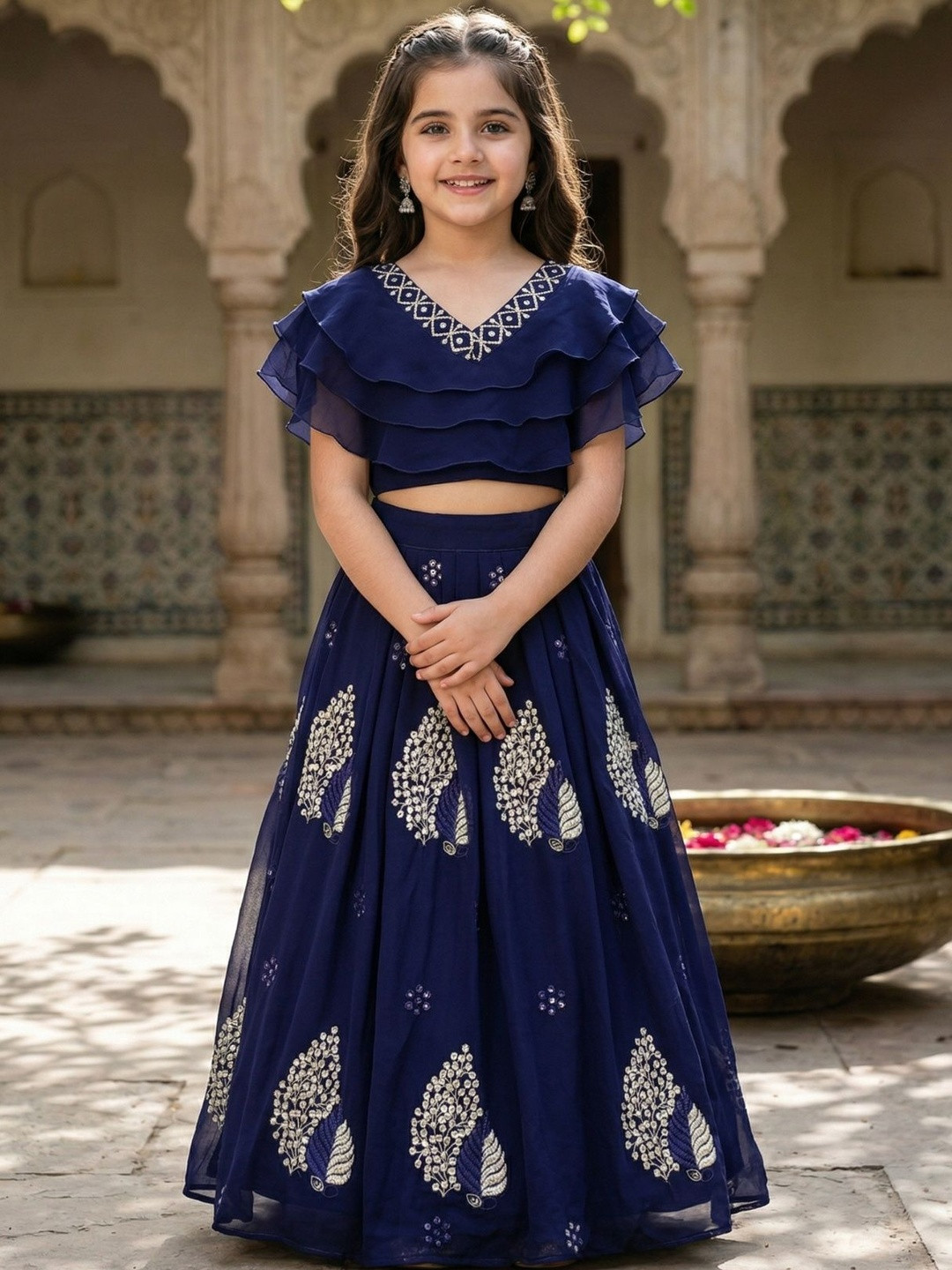 KALINI Girls Embellished Thread Work Ready to Wear Lehenga &