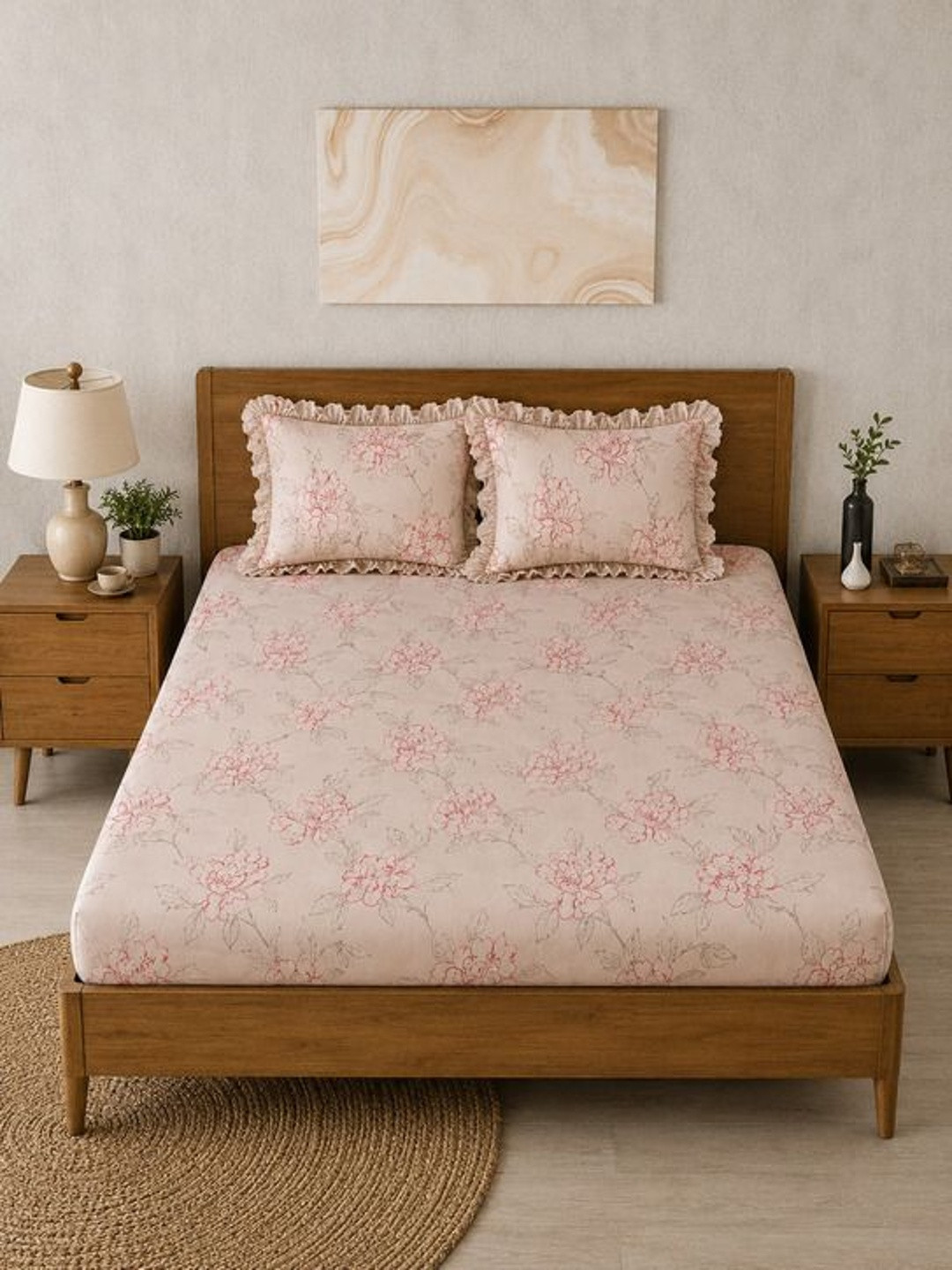 Aura Beige Floral 300 Tc Frilled Fitted Double Size Bedsheet With 2 Pillow Covers