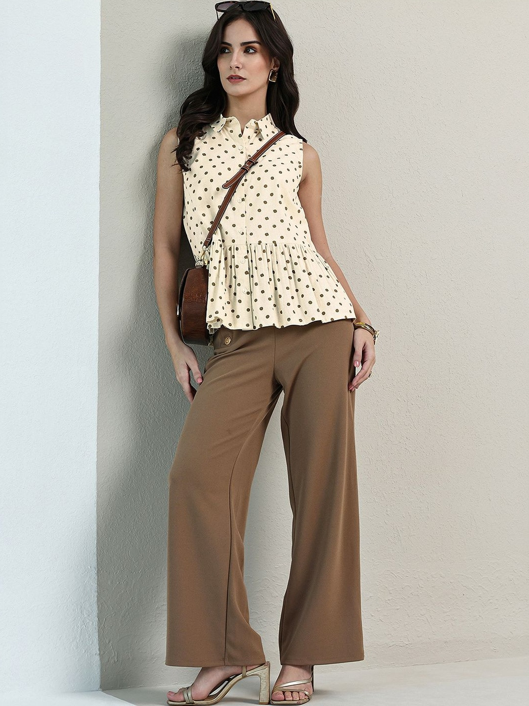 Libas Off White Polka Dot Printed Cotton Top