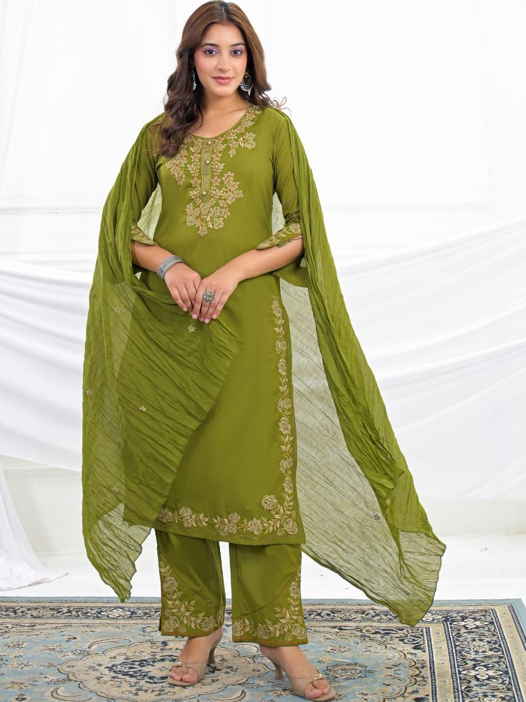 Komfortive Women Ethnic Motifs Embroidered Regular Thread Work Pure Cotton Kurta with Palazzos & With Dupatta