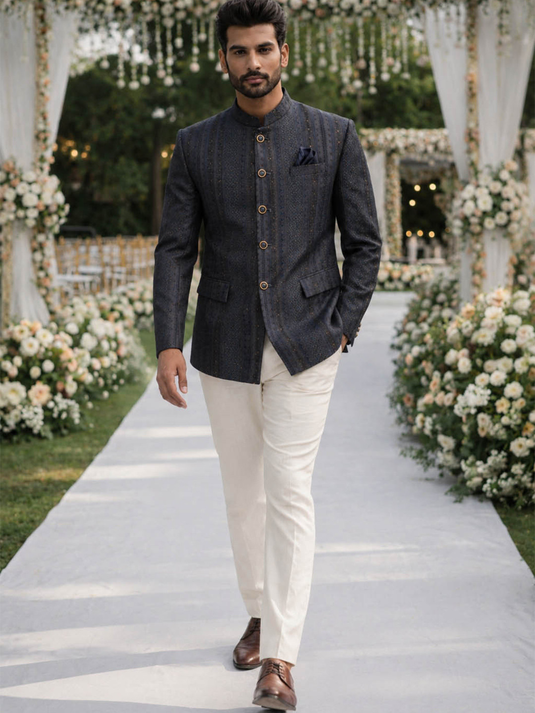 House of Pataudi Jacquard Self Design Mandarin Collar Jodhpuri Bandhgala Blazers