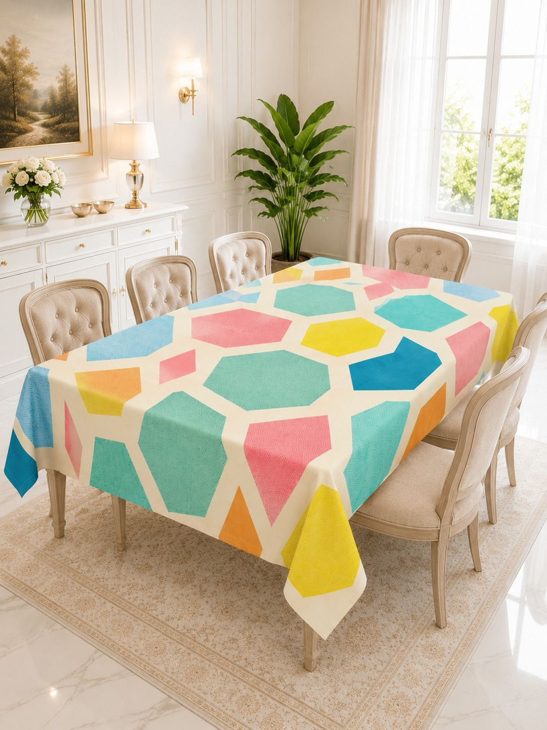 RRC Pink & Green 2 Pieces Geometric Printed Anti-Slip 4 Seater Table Covers