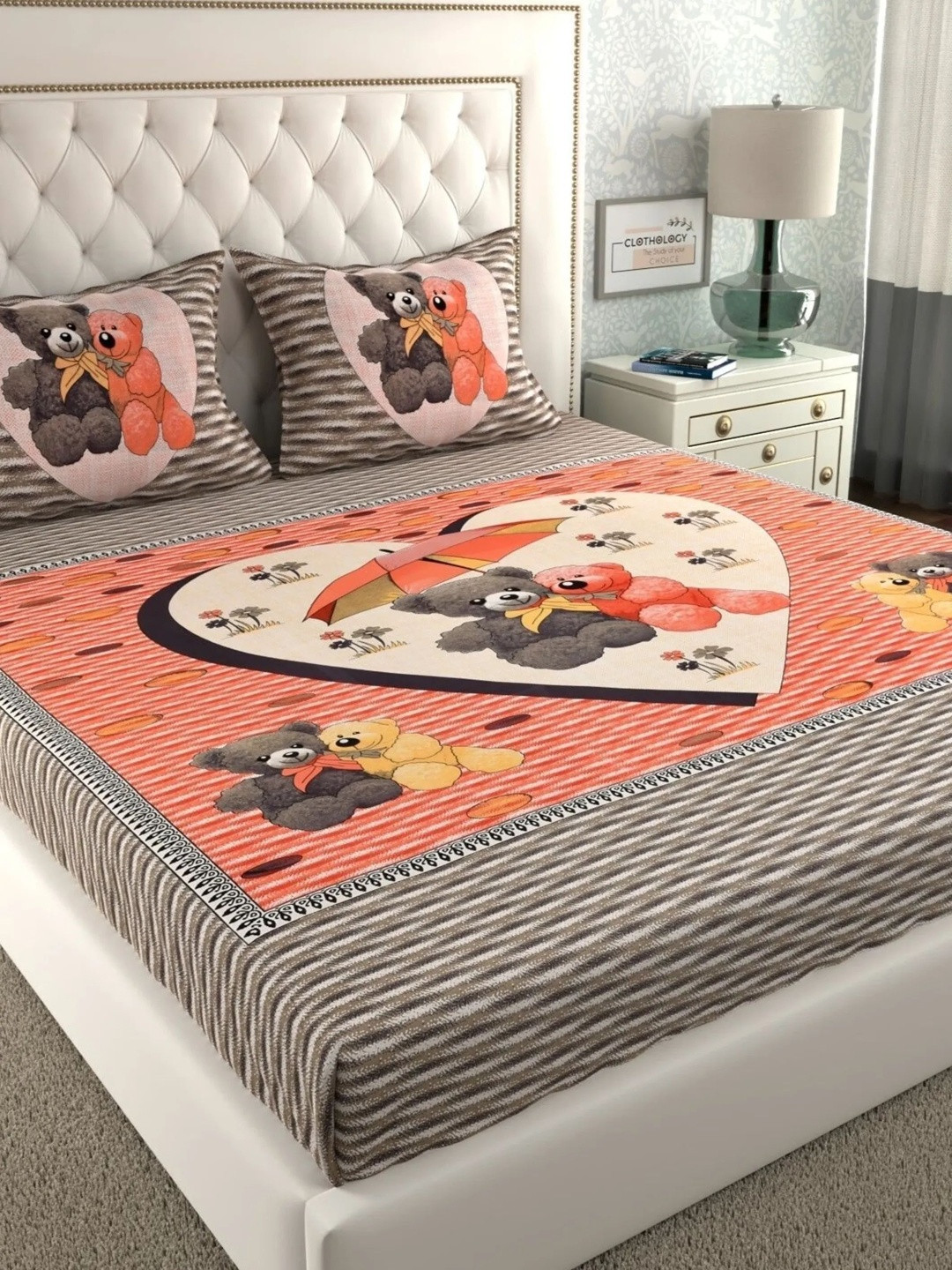 CLOTHOLOGY Mocha Teddy Motif Storybook Traditions Cotton Double Flat 104 TC Jaipuri Prints Bedsheet Set