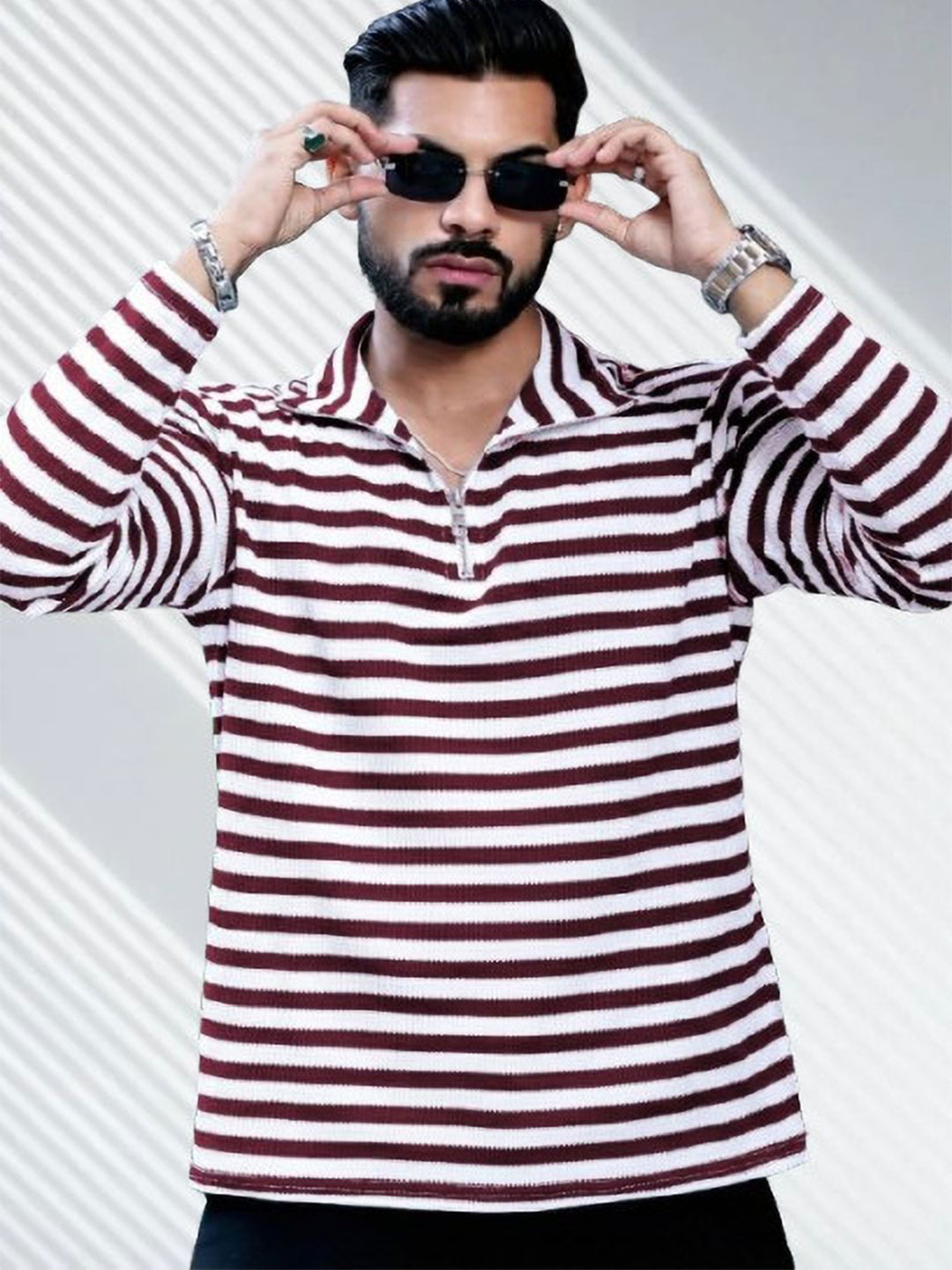 HOODLER Men Striped Polo Collar T-shirt
