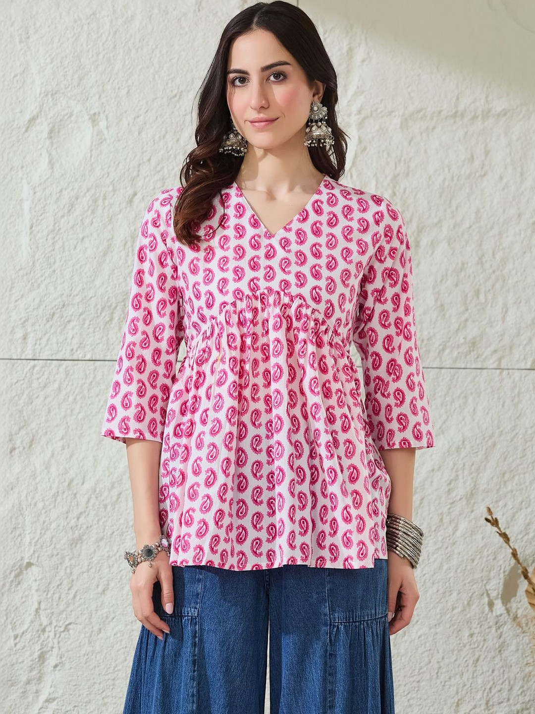 HERE&NOW Paisley Printed V-Neck Pure Cotton Empire Kurti