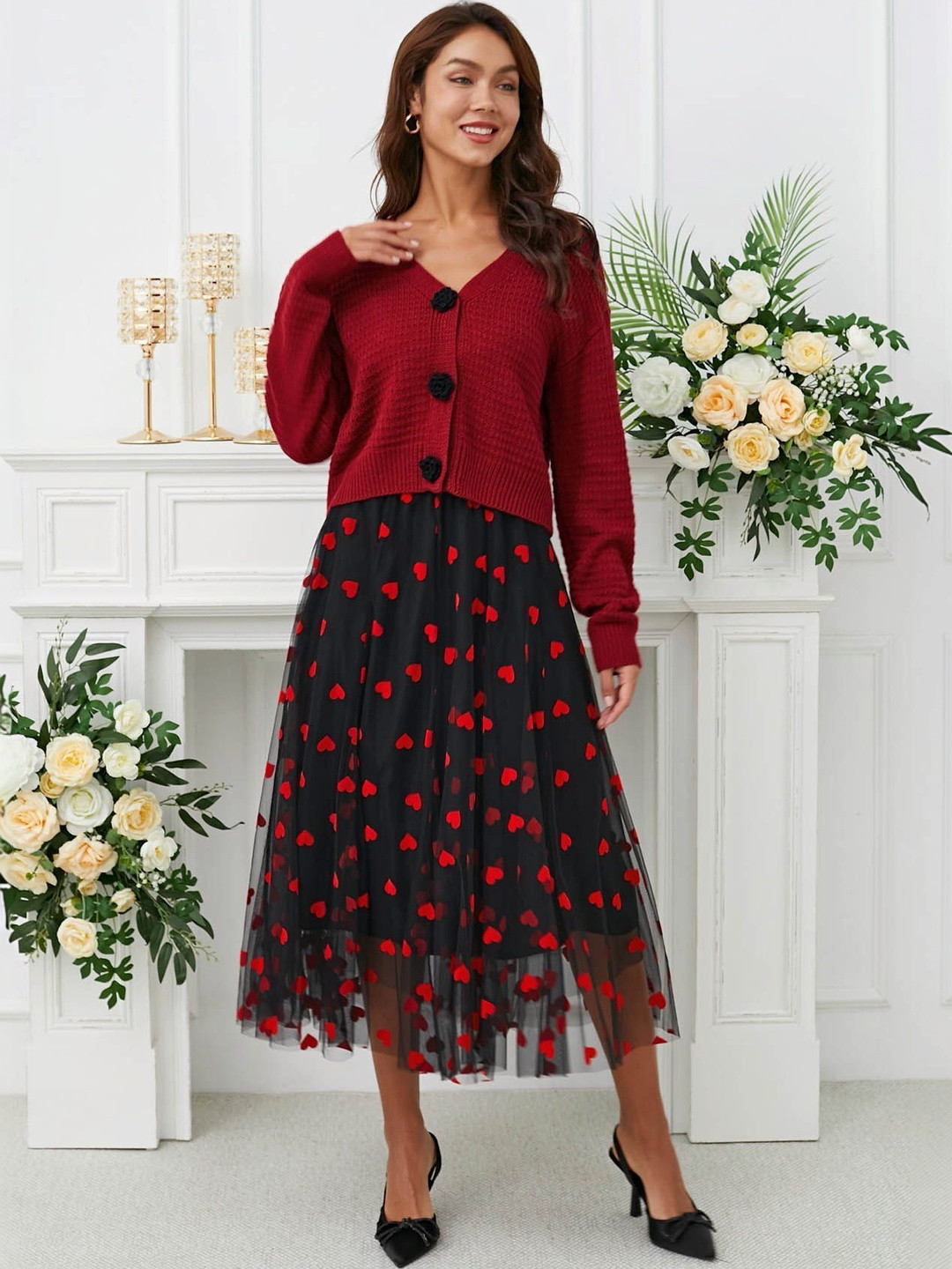 3BUDDY FASHION Women Net Floral Micro or Ditsy Print Midi A-Line Skirt