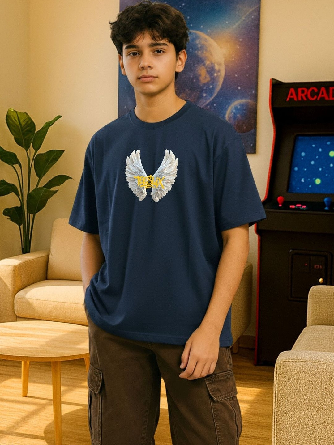 TeeSlix Boys & Girls Navy Blue Oversized Printed Cotton Tshirt