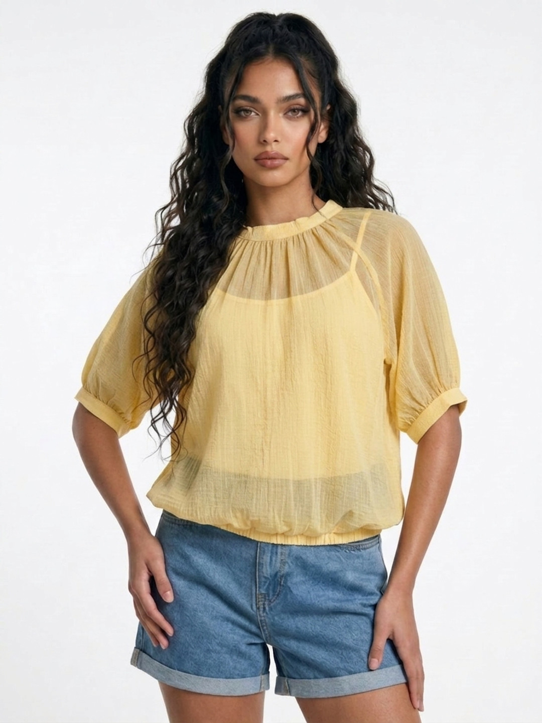 glitchez High-Neck Extended Sleeves Gathered Tops