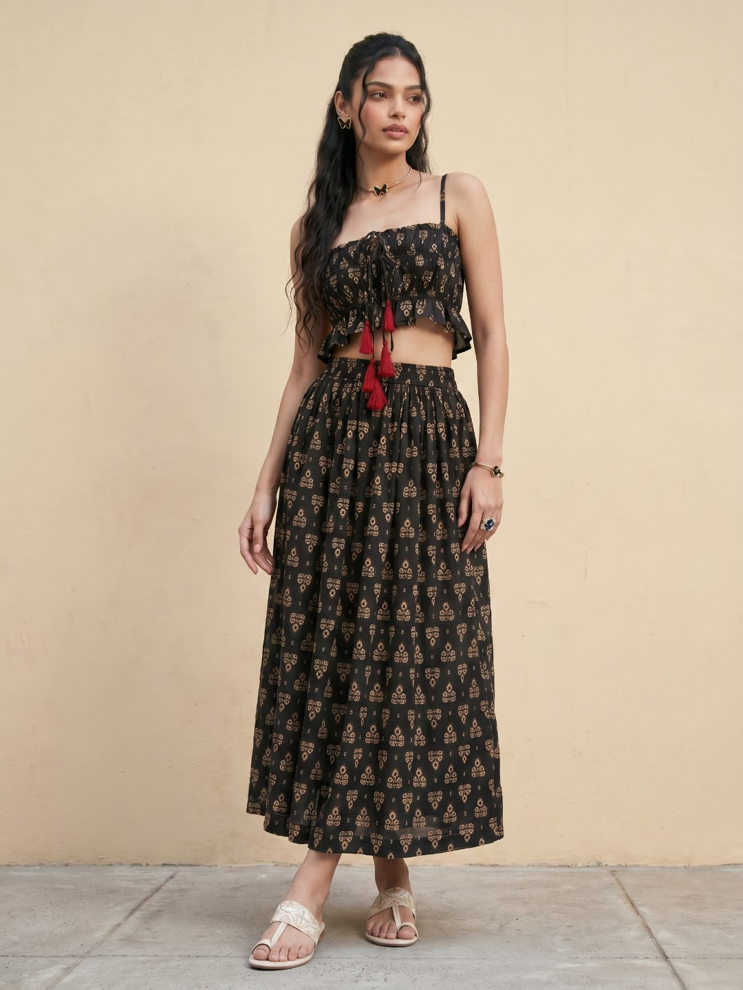 fusion by glitchez Indie Floral Printed Gathers Shoulder Straps Co-Ords